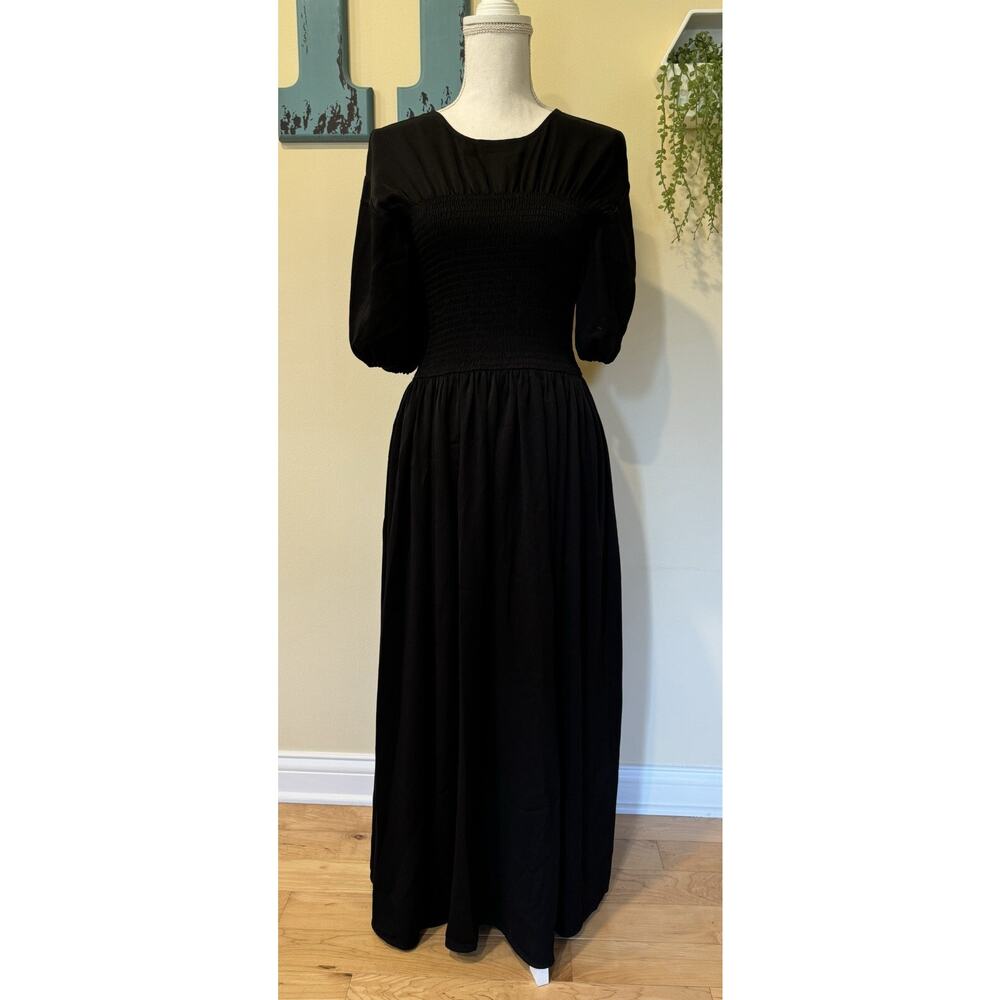 La Ligne Crew Neck Smocked Maxi Dress with Puff Sleeves Black Size Small (2/4)
